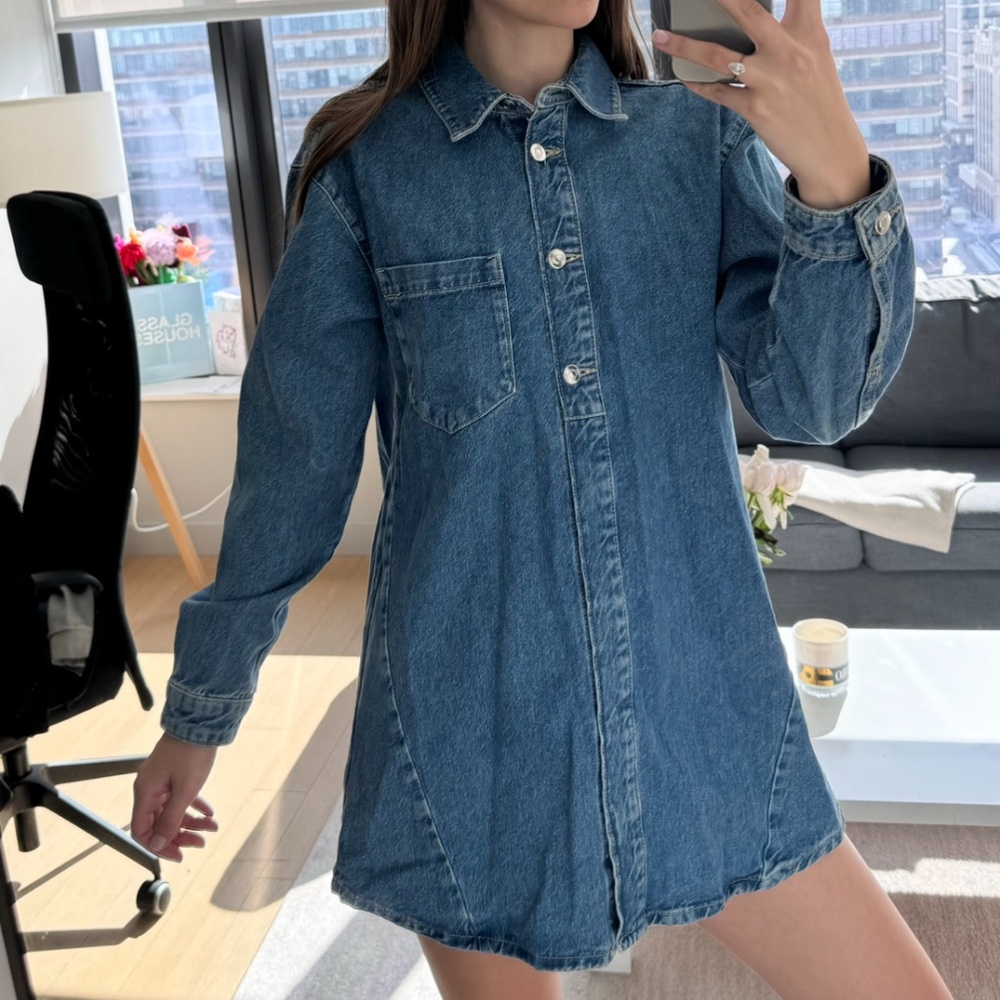 Zara Blue Denim Shirt Dress Cutout Detail Snap Front XS